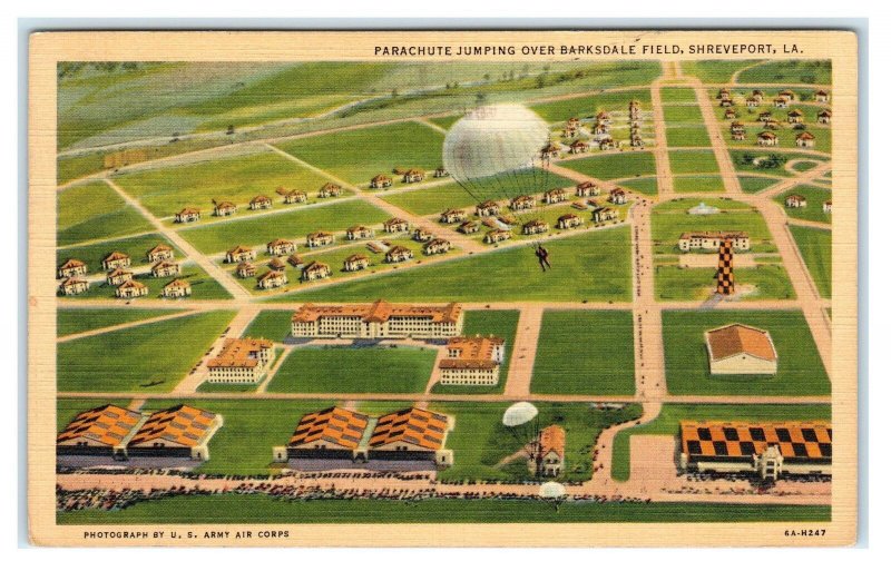 SHREVEPORT, LA  ~PARACHUTE JUMPING Barksdale Field 1942  Military Linen Postcard