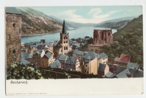 P2542, old postcard birds eye view bacharach rhein germany view town river etc