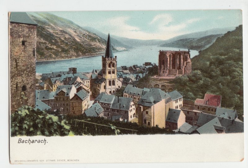 P2542, old postcard birds eye view bacharach rhein germany view town river etc