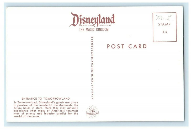 c1960's Disneyland Entrance To Tomorrowland Magic Kingdom Anaheim CA Postcard 