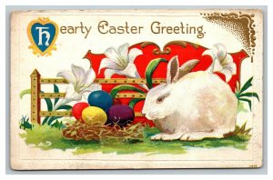 Vintage 1910's Easter Postcard Giant Bunny Colored Eggs Large White Flowers