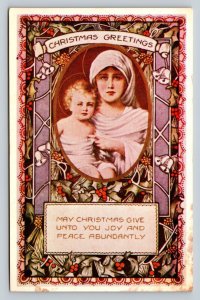 Mother & Child with Holly & Bells Christmas Greetings Vintage Postcard 1086