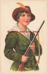 Unknown Artist, Unknown No 507, Woman in Hunting Outfit Holding a Shotgun