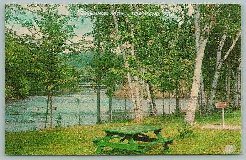 Townsend Wisconsin~Greetings~Vacationland River Scene~White Birches~c1950 PC 