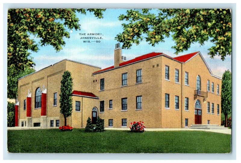 c1920s Armory View from Trees, Janesville, Wisconsin WI Vintage Postcard