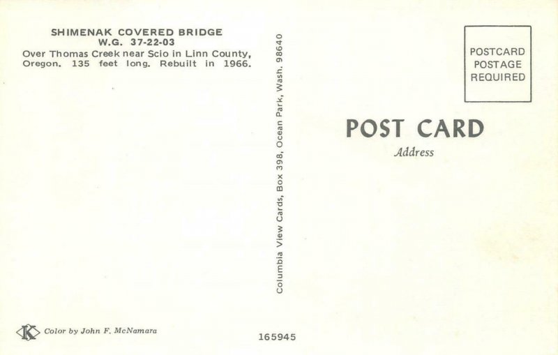 SHIMENAK COVERED BRIDGE Thomas Creek, Linn Co, Oregon c1950s Vintage Postcard