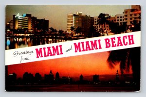 Greetings From Miami Beach Florida FL Dual View Night View Sunset Postcard UNP