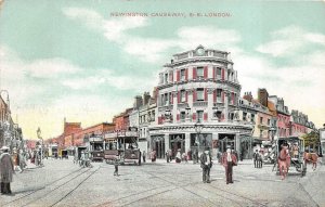 NEWINGTON CAUSEWAY S.E. LONDON ENGLAND TROLLEY HORSES POSTCARD (c. 1910)