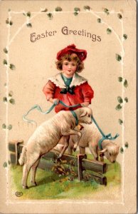 1910 Easter Postcard Child with Lambs on a Leash