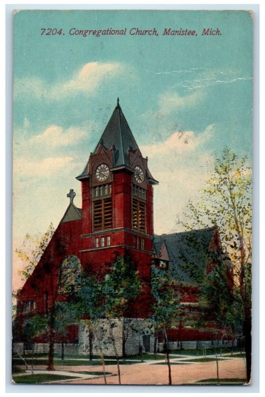 1922 Congregational Chruch Tower Clock Manistee Michigan MI Vintage Postcard 