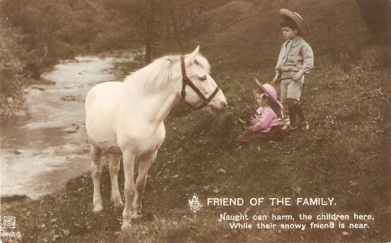 Children with a white horse. A friend of the Family Old vintage English Postar