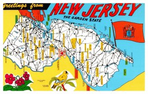 Postcard NJ Map - New Jersey Pictoral map mixed orientation
