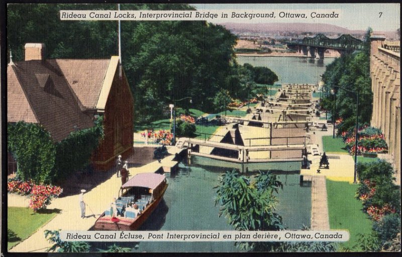 Ontario OTTAWA Rideau Canal Locks Interprovincial Bridge in Background - LINEN