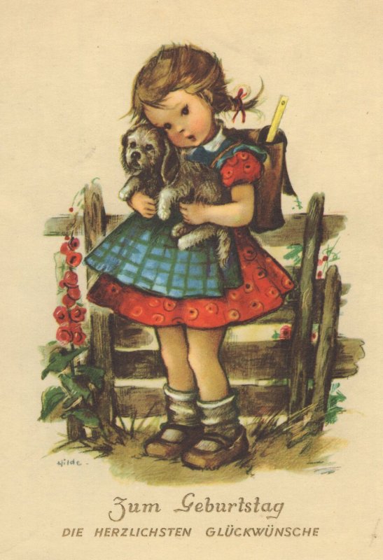 German Children With Scotty Puppy Dog Satchel Postcard