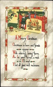 CHRISTMAS  ART DECO Little Boy Hangs Stockings at Fireplace c1910 Postcard