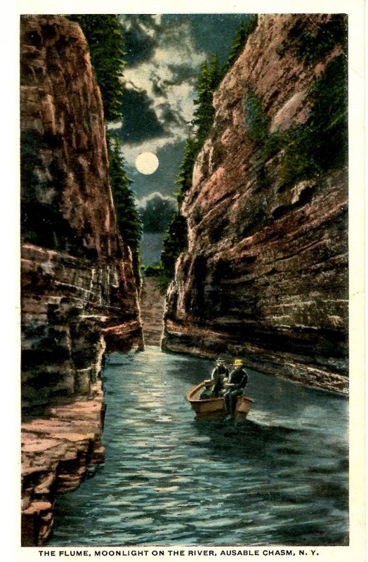 NY - Ausable Chasm. Flume, Moonlight on the River