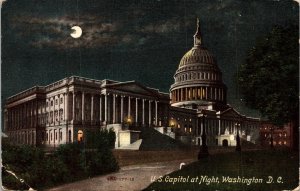 United States Capitol Building Washington DC Night View DB Cancel WOB Postcard 