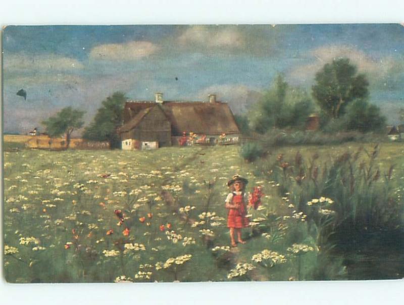 Pre-Linen GIRL PICKING WILDFLOWERS ON THE FARM AC4374