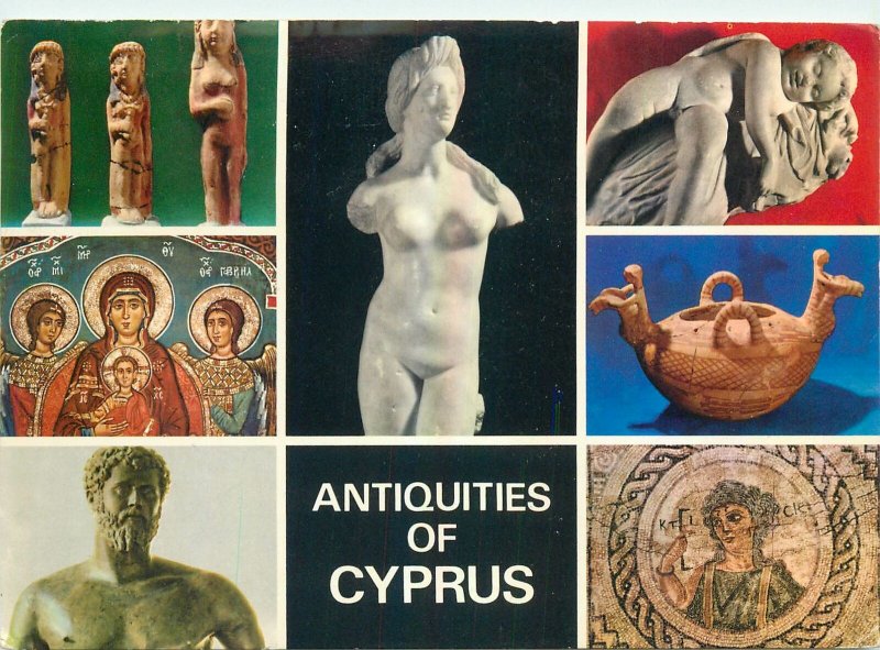 Postcard Cyprus multi view antiquities sculpture paint handmade art artistic