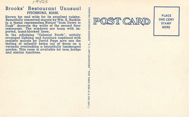 Massachusetts Fitchburg Brookes Restaurant 1940s Teich  Postcard 22-10495
