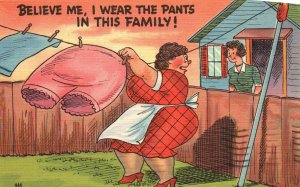 Vintage Postcard 1951 Woman Hanging Clothes Believe Me I Wear The Pants Comic