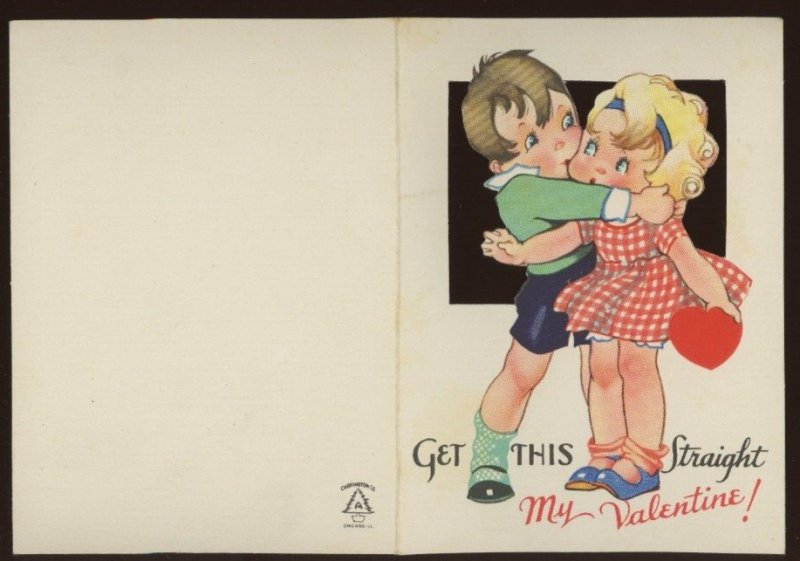 1930s VALENTINES DAY DIE CUT GIRL AND BOY HEART GINGHAM DRESS BI-FOLD 44-136