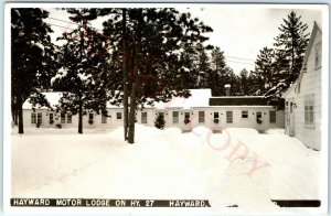 1955 Hayward, Wis. Winter Snow RPPC Hayward Motor Lodge Photo Postcard Hwy 27 A3