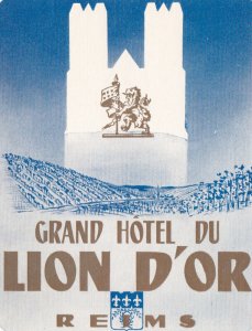 France Reims Grand Hotel Du Lion D'Or Vintage Luggage Label sk1999