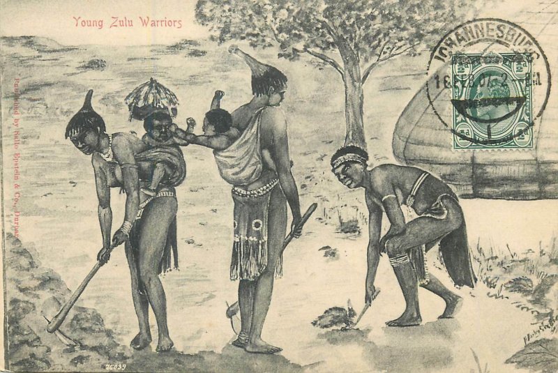 Tribal Postcard Africa Ethnic young Zulu warriors
