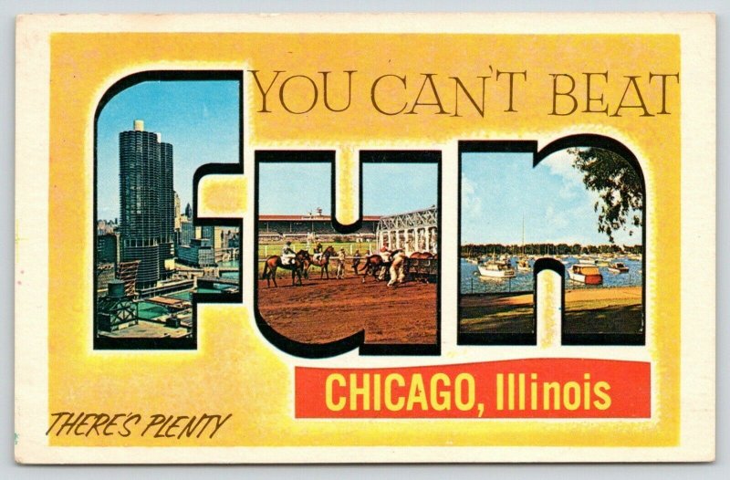 Chicago ILLarge Letter Chrome FUN PostcardLakeHorse RaceHello Dolly1966