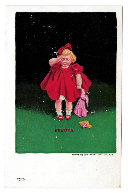 Feeling Crying Girl w Broken Headless Doll 1906 Postcard