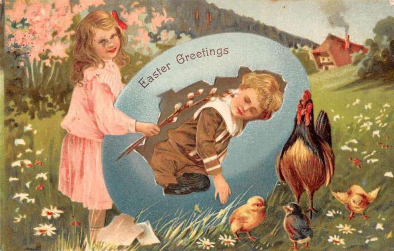 Easter Greetings Child Couple Large Egg Rooster Chicks Antique Postcard K80615