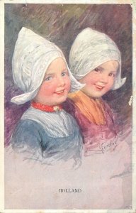 Lovely drawn children greetings postcard Netherland traditional costume children