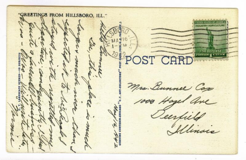 Hillsboro to Deerfield, Illinois 1942 used Linen Greetings Postcard