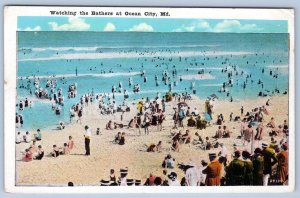 1928 OCEAN CITY MD WATCHING THE BATHERS BEACH SCENE ANTIQUE POSTCARD