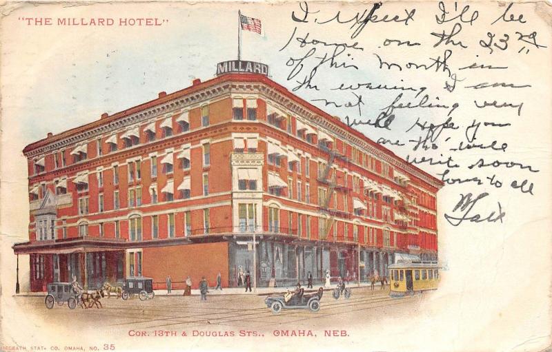 C98/ Omaha Nebraska Ne Postcard 1907 The Millard Hotel Trolley 18 Douglas Sts