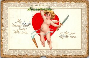 Be My Valentine Cupid With Red Heart and Cake 1911 Tucks