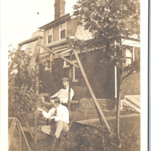 c1910s Home Garden Cool Man in Wood Swing Chair RPPC Real Photo PC Cigar A133