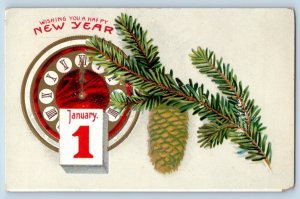 Waukegan IL Postcard New Year Calendar Pinecone Clock Embossed c1910's Antique