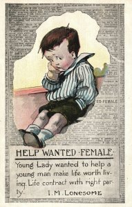 Vintage Postcard 1930's Help Wanted Female Make Worth Living IM Lonesome Comics
