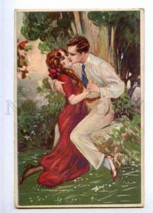 190074 Lovers KISS in Garden by CORBELLA Vintage ART DECO PC