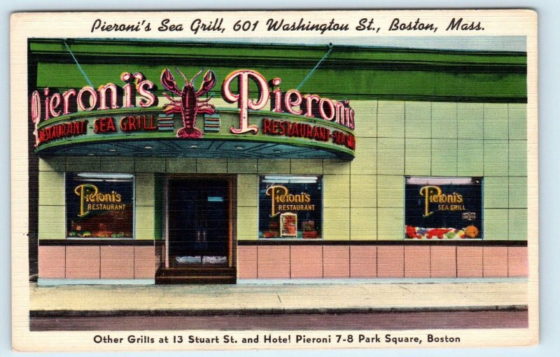 BOSTON, MA ~ Roadside PIERONI'S SEA GRILL Washington Street 1940s Linen Postcard