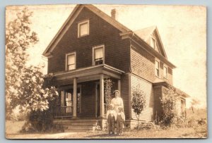 RPPC  Colonial House With Mother and Two Sons in Overalls Postcard