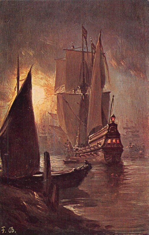 Art signed FB Sailing Ship at Night Sea vintage postcard