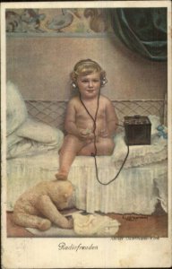 Bare Butt Baby Listening to Radio Headphones Teddy Bear LOSTERMANN Postcard