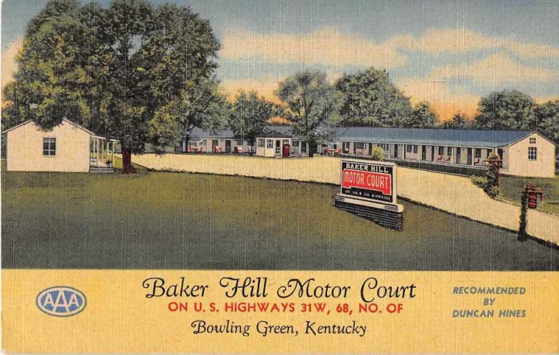 Bowling Green Kentucky Baker Hill Motor Court Antique Postcard J52856