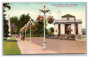 Vintage 1949 Postcard Old Cars Flower Baskets CPR Building Victoria BC Canada