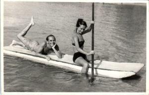 RPPC   ITALY    SEXY WOMAN in BATHING SUIT Rows LUCKY GUY  1951   Postcard