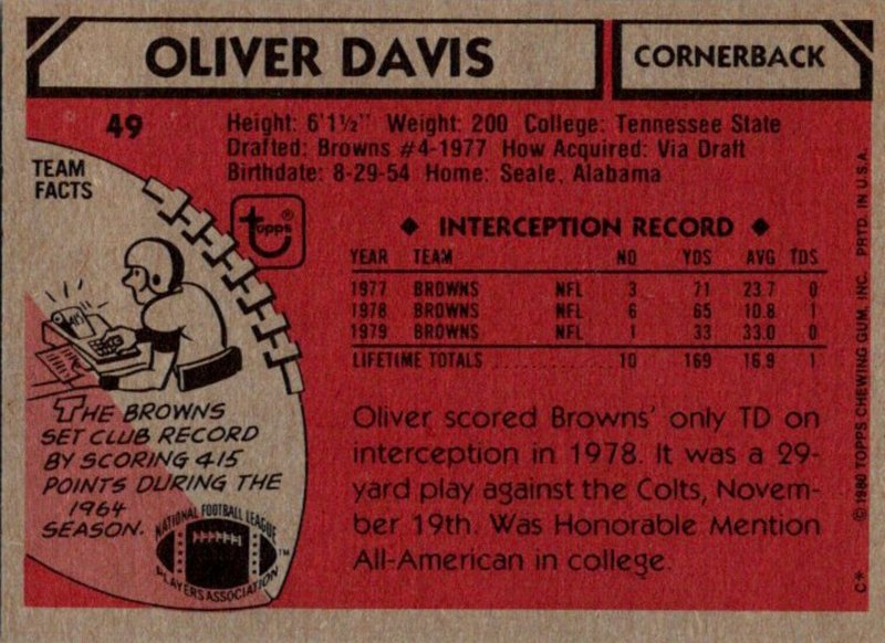 1980 Topps Football Card Oliver Davis CB Cleveland Browns sun0418