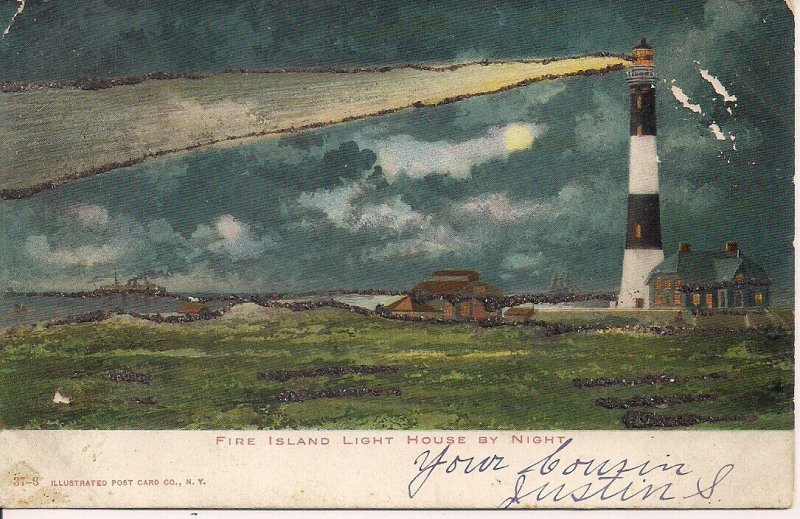 Fire Island, NY, 1907, Lighthouse, Light House, Glitter, Beach, Night View